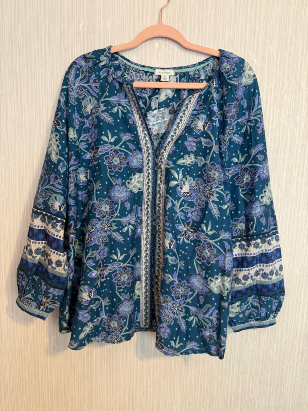 Sundance Teal Floral Peasant Blouse - Picture 5 of 6